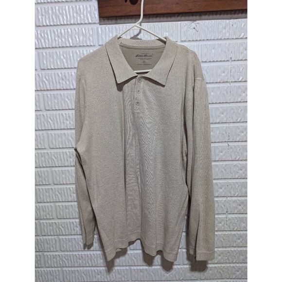 Eddie Bauer Men's Tan Cotton Knit Long-Sleeve Pointed Collar T-Shirt Size 2XL - Picture 1 of 8